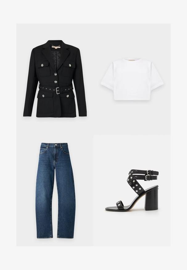 Svart blazer med to frontlommer, sølvknappdetaljer og en belte med innsvingt midje som har spenne og hulldetaljer. Skreddersydd passform.; Kuttet hvit t-skjorte laget av mykt stoff, med korte ermer, rund hals og ribbestrikket detaljer nederst. Enkel og upradert design.; Blå denimjeans med høy midje, rett bendesign, synlige sømmer, fem lommer og knappelukking. Klassisk mørk vask.; Sorte høyhælte sandaler med teksturert blokkheel, doble spenneankelremmer og sølv sirkulære nagler på krysset remmer.