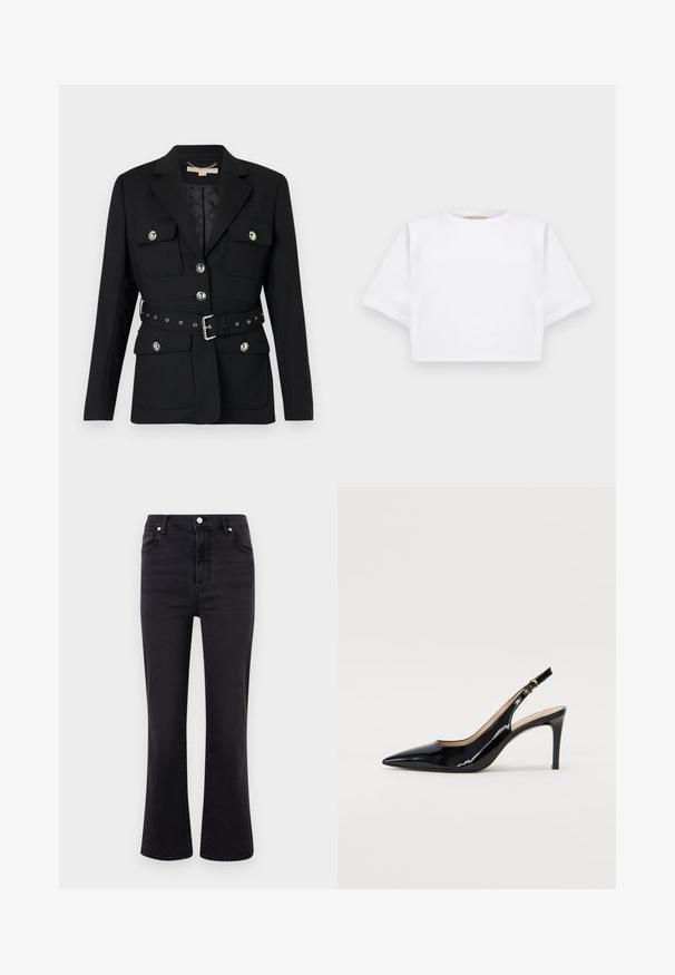 Black blazer with two front pockets, silver button accents, and a cinched waist belt featuring buckle and grommet details. Tailored fit.; Cropped white t-shirt made of soft fabric, featuring short sleeves, a round neckline, and ribbed hem details. Simple and unembellished design.; Black flared jeans with a high waist, made of denim. Features front pockets, a button closure, and a smooth texture.; Black patent leather slingback pump with pointed toe, slim heel, and a subtle cutout design. Features a gold buckle on the strap.