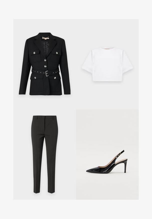 Sacou negru cu două buzunare frontale, accente de nasturi argintii și o curea cu talie strânsă, având detalii cu cataramă și gromete. Croială ajustată.; Tricou alb scurt dintr-un material moale, cu mâneci scurte, decolteu rotund și detalii ribbrate la margine. Design simplu și fără embellishments.; Pantaloni negri ajustați, cu croială dreaptă, având o textură netedă și fără modele sau embellishments vizibile.; Pantofi slingback din piele patent neagră, cu vârful ascuțit, tocul subțire și un design discret cu decupaj. Se evidențiază printr-un cataramă aurie pe curea.