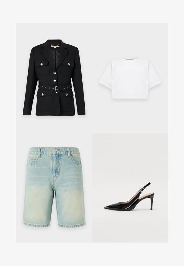 Musta bleiser kahete esikoti, hõbedaste nööpide detailidega ning elastse vööga, millel on pandla ja augud. Kohandatud lõige.; Lühikeste varrukatega, pehmest kangast lõigatud valge T-särk, millel on ümar kaelus ja soonikuga ääred. Lihtne ja ilma kaunistusteta disain.; Heledad sinised teksashortsid, millel on kulunud viimistlus, viie taskuga disain, nähtavad õmblused ja metallne nupp vöökoha sulgemiseks.; Must hõbedavärvi patendiga slingback kontsakingad terava varbaga, kitsas konts ja peene lõikega disain. Statistika on kuldne pandla rihmal.