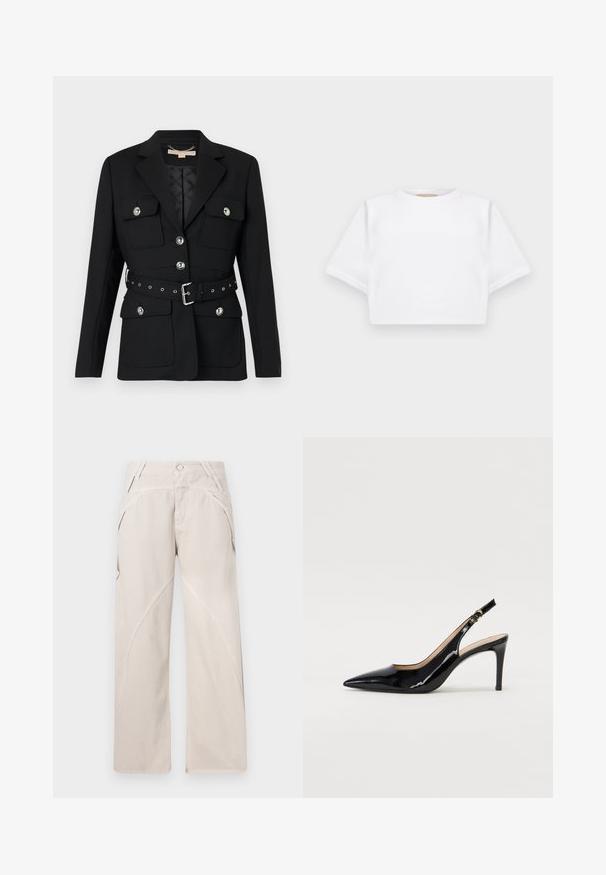 Sacou negru cu două buzunare frontale, accente de nasturi argintii și o curea cu talie strânsă, având detalii cu cataramă și gromete. Croială ajustată.; Tricou alb scurt dintr-un material moale, cu mâneci scurte, decolteu rotund și detalii ribbrate la margine. Design simplu și fără embellishments.; Pantaloni largi bej dintr-un amestec de bumbac, cu detalii de cusătură curbată, închidere cu nasture și buzunare laterale. Design cu fața plată.; Pantofi slingback din piele patent neagră, cu vârful ascuțit, tocul subțire și un design discret cu decupaj. Se evidențiază printr-un cataramă aurie pe curea.