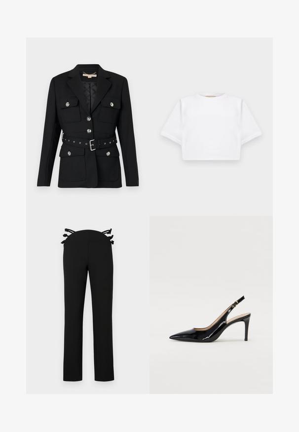 Black blazer with two front pockets, silver button accents, and a cinched waist belt featuring buckle and grommet details. Tailored fit.; Cropped white t-shirt made of soft fabric, featuring short sleeves, a round neckline, and ribbed hem details. Simple and unembellished design.; Black trousers with a straight leg design, featuring a waistband with black ribbon accents on the back. Smooth fabric with no visible patterns.; Black patent leather slingback pump with pointed toe, slim heel, and a subtle cutout design. Features a gold buckle on the strap.