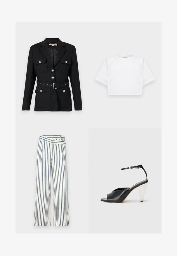 Musta bleiser kahete esikoti, hõbedaste nööpide detailidega ning elastse vööga, millel on pandla ja augud. Kohandatud lõige.; Lühikeste varrukatega, pehmest kangast lõigatud valge T-särk, millel on ümar kaelus ja soonikuga ääred. Lihtne ja ilma kaunistusteta disain.; Kreemjas ja tumesinises triibuline laia jala püksid, millel on kortsuline disain ja ainulaadne nurga all vöökoht. Valmistatud kergest kangast.; Must mustril kõrge kontsaga sandaalid avatud varbaga, asümmeetrilise disainiga, pahkluukeevikuga ja metallilise koonusja kontsaga. Ühtlane tekstuur üle kogu.