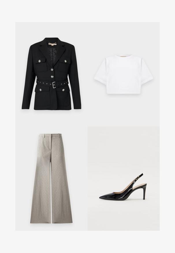 Musta bleiseri, jossa on kaksi etutaskua, hopeiset napin korostukset ja vyötärön cinch-vyö, jossa on solki- ja rei'itydetaljeja. Muotoiltu malli.; Lyhythihainen valkoinen t-paita pehmeää kangasta, jossa on pyöreä pääntie ja ribbireunat. Yksinkertainen ja ilman koristeita oleva malli.; Harmaat leveät housut, jotka on valmistettu tekstuurista kankaasta ja joissa on pystysuorat pinstripes-raidat sekä hienovaraisia metallisia yksityiskohtia. Tasainen etuosa ja vyölenkit.; Musta lakattu nahkainen slingback-korkokenkä, jossa on terävä kärki, kapea korko ja hillitty leikkaussuunnittelu. Varressa on kultainen solki.
