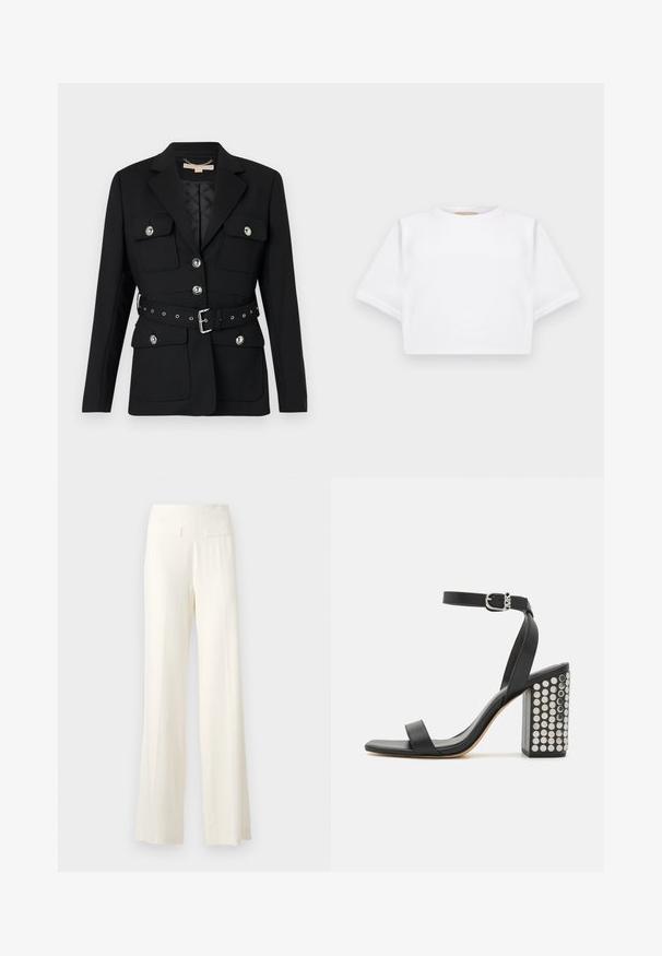 Svart blazer med to frontlommer, sølvknappdetaljer og en belte med innsvingt midje som har spenne og hulldetaljer. Skreddersydd passform.; Kuttet hvit t-skjorte laget av mykt stoff, med korte ermer, rund hals og ribbestrikket detaljer nederst. Enkel og upradert design.; Bredde bukser i elfenben med teksturert stoff, med subtile vertikale pinstriper og to baklommer.; Svarte lær sandaler med hæl og ankelrem. Har firkantet tå, glatt tekstur og firkantet blokkhæl prydet med sølvnitter.