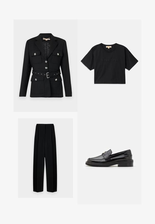 Juodas švarkas su dviem priekinėmis kišenėmis, sidabriniais mygtukų akcentais ir įliemenuota juosta su sagtimi ir šulinėlių detalėmis. Suformuotas dydis.; Juoda trumpa medvilninė marškinėliai. Suapvalintas iškirpimas ir trumpomis rankovėmis. "MICHAEL KORS" išsiuvinėta atitinkamos spalvos priekyje.; Juodos plačios kelnės su aukštu liemeniu, su klostėmis ir glotnia tekstūra. Medžiaga atrodo lengva ir dailiai krenta.; Juodas lakinės odos loaferis su lygiu paviršiumi, prisiūtomis detalėmis priekyje ir žemu blokiniu kulnu, užtikrinančiu atramą. Auksinė akcentas ant dirželio.