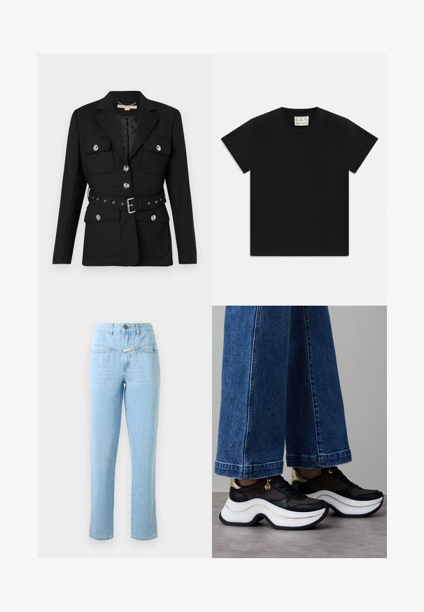 Juodas švarkas su dviem priekinėmis kišenėmis, sidabriniais mygtukų akcentais ir įliemenuota juosta su sagtimi ir šulinėlių detalėmis. Suformuotas dydis.; Juodas trumpomis rankovėmis marškinėliai su apvaliu kaklu, vidinėje apykaklės pusėje yra balta etiketė su užrašu "D.R.C. EST. 2002" ant balto fono.; Aukštu liemeniu šviesiai mėlynos džinsinės kelnės su priekinių kišenių, mygtuko ir užtrauktuko uždarymu bei tiesiais džinsų sijonais.; Juodi ir auksiniai sportbačiai su išlenktu balto padažo padu. Tekstūruotas audinys su logotipo akcentais. Derinami su plačiomis mėlynos spalvos džinso kelnėmis.