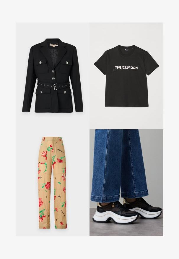 Black blazer with two front pockets, silver button accents, and a cinched waist belt featuring buckle and grommet details. Tailored fit.; Black cotton t-shirt with short sleeves, featuring a printed white and gray "THE 2LOOK" design across the front. Classic crew neck.; Floral-patterned trousers with a beige background, featuring red and green flowers and black accents. Loose design with side pockets.; Black and gold sneakers with a curved white sole. Textured fabric with logo accents. Paired with wide blue denim pants.