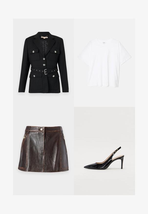Sort blazer med to frontlommer, sølvknapdetaljer og en indsnævret taljebælte med spænde og øsken. Skræddersyet pasform.; Hvid bomulds-t-shirt med korte ærmer, rund halsudskæring, afslappet pasform og stitched søm. Mærket er synligt indeni halsen.; Brun læder mini-nederdel med et strømlinet design, to lynlåslommer i siden og kontrasterende syninger langs kanterne.; Sort patenteret læder slingback stiletto med spids tå, slank hæl og et subtilt udskæringsdesign. Har en gylden spænde på remmen.