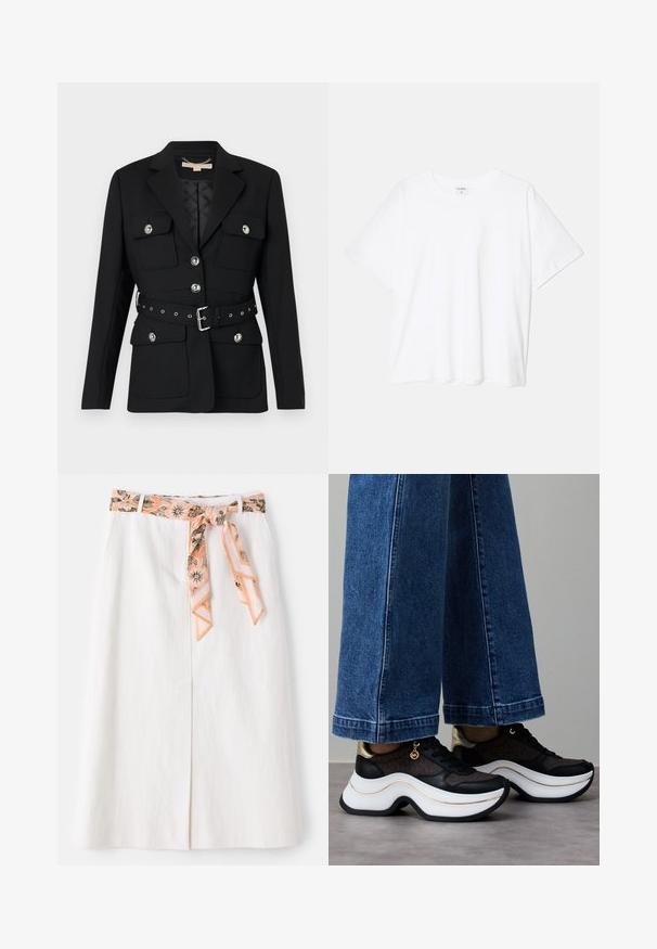 Melna žakete ar divām priekšējām kabatām, sudraba pogu akcentiem un pieguļošu jostu ar sprādzi un caurumiem. Izcili piegriezta.; Balta kokvilnas T-krekls ar īsām piedurknēm, apaļu dekoltē, brīva piegriezuma un šūtu apakšmalu. Etiķete redzama iekšējā kakla daļā.; Balta midi svārki ar rakstainu zīda jostu jostas vietā. Izaicinošs taisns griezums un smalka tekstūra. Nav redzamu aizdares elementu.; Melni un zelta sporta apavi ar izliekta baltā zoli. Teksturēts audums ar logotipa akcentiem. Pāris ar platām zila džinsa biksēm.