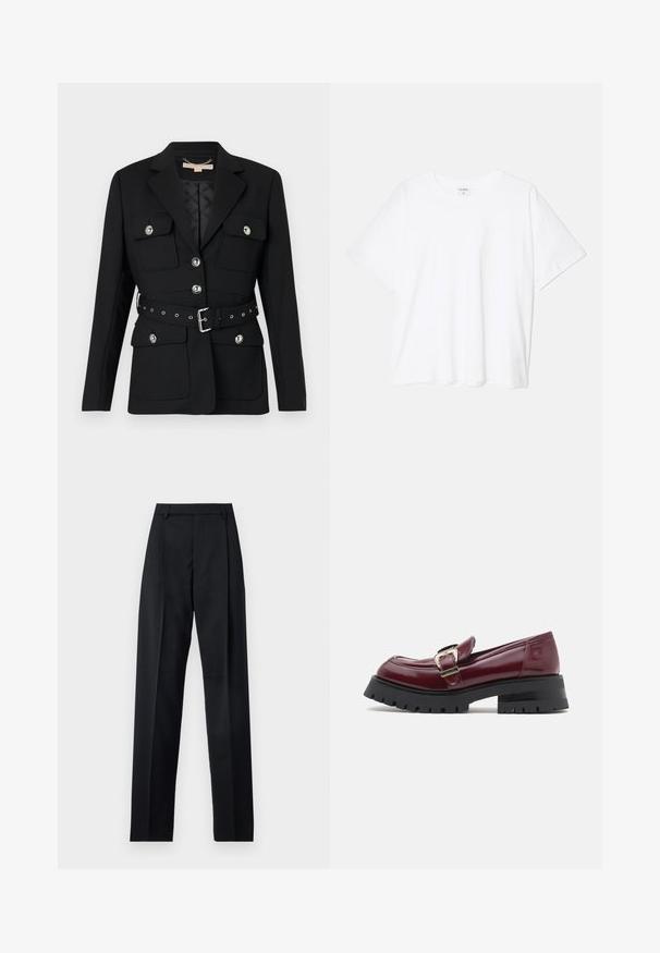 Svart blazer med to frontlommer, sølvknappdetaljer og en belte med innsvingt midje som har spenne og hulldetaljer. Skreddersydd passform.; Hvit bomulls t-skjorte med korte ermer, rund hals, avslappet passform og sydd kant. Merke synlig på innsiden av halsen.; Svarte bukser laget av glatt stoff, med høy midje, vide ben, frontfolder og klassiske beltehemper. Ingen synlige sidelommer.; Burgunderfargede patenterte skinnloafers med rund tå, spenne-detalj og kraftig svart såle med mønster. Glatt tekstur og elegant design.