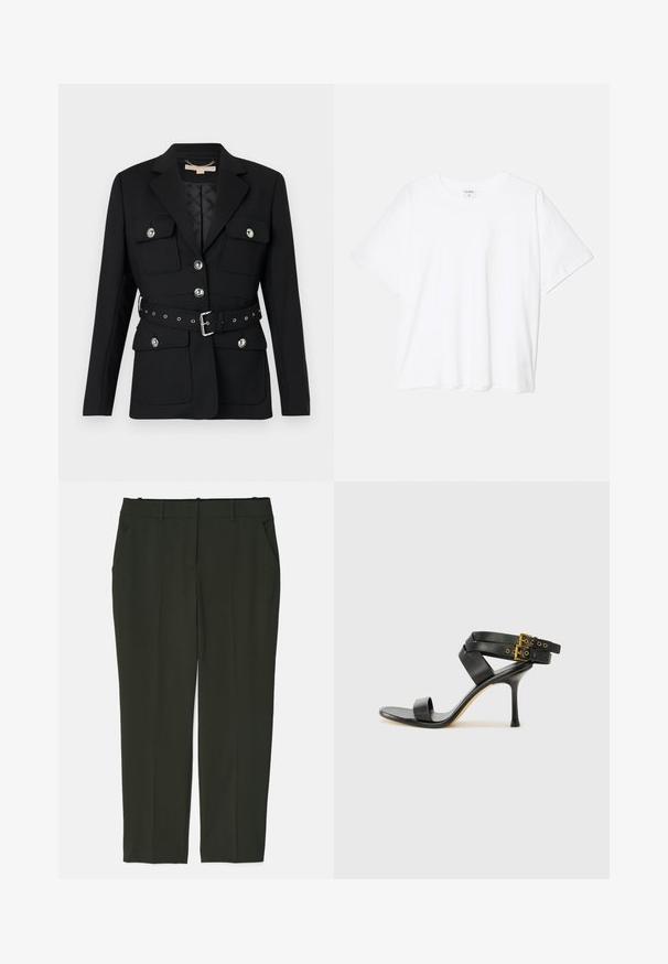 Černý blejzr se dvěma předními kapsami, stříbrnými knoflíkovými akcenty a stahovacím páskem v pase s detaily s přezkou a očky. Přizpůsobený střih.; Bílý bavlněný tričko s krátkým rukávem, kulatým výstřihem, volným střihem a šitým lemem. Nálepka viditelná na vnitřní straně výstřihu.; Tmavě zelené, ušité kalhoty vyrobené z hladkého materiálu. Mají dvě přední kapsy, plochý pás a rovný střih bez viditelných vzorů.; Černé sandály na podpatku s kříženými popruhy a nastavitelnou sponou. Mají hladký povrch a špičatý stiletto podpatek.