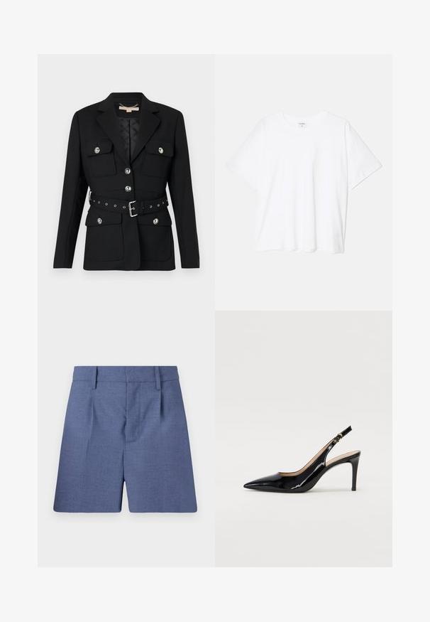 Musta bleiser kahete esikoti, hõbedaste nööpide detailidega ning elastse vööga, millel on pandla ja augud. Kohandatud lõige.; Valge puuvillane T-särk lühikeste varrukatega, ümmargune kaelus, mugav lõige ja õmmeldud serv. Silt nähtav kaela seest.; Sinine kohandatud lühikesed püksid, millel on vöökohad, ees voldid ja peidetud eest kinnitamine, on kujutatud valge tausta taustal.; Must hõbedavärvi patendiga slingback kontsakingad terava varbaga, kitsas konts ja peene lõikega disain. Statistika on kuldne pandla rihmal.