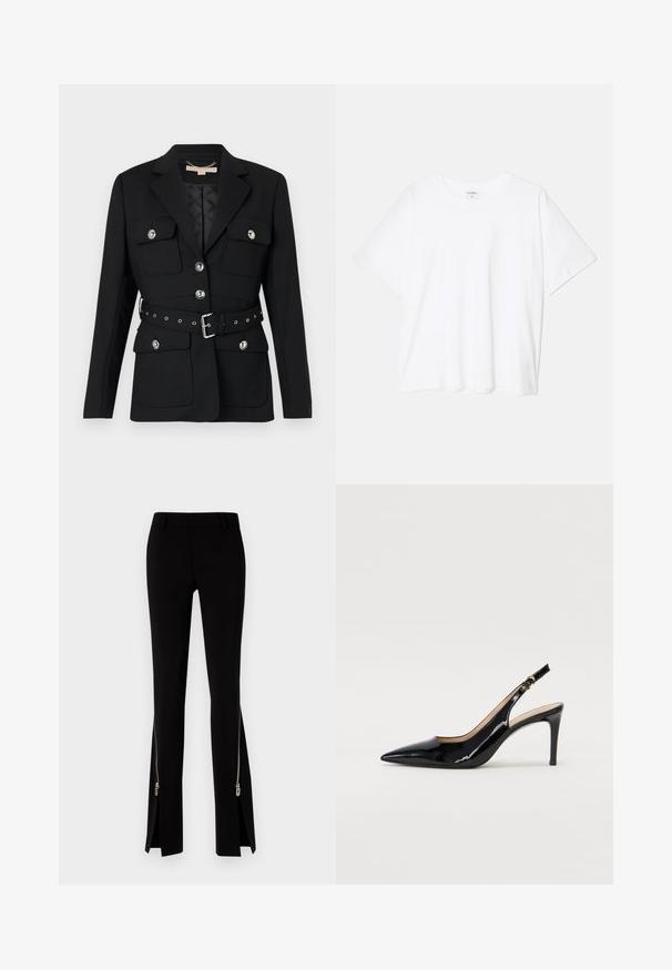 Sort blazer med to frontlommer, sølvknapdetaljer og en indsnævret taljebælte med spænde og øsken. Skræddersyet pasform.; Hvid bomulds-t-shirt med korte ærmer, rund halsudskæring, afslappet pasform og stitched søm. Mærket er synligt indeni halsen.; DSQUARED2 ICON TRUMPET PANT - Bukser - black; Sort patenteret læder slingback stiletto med spids tå, slank hæl og et subtilt udskæringsdesign. Har en gylden spænde på remmen.
