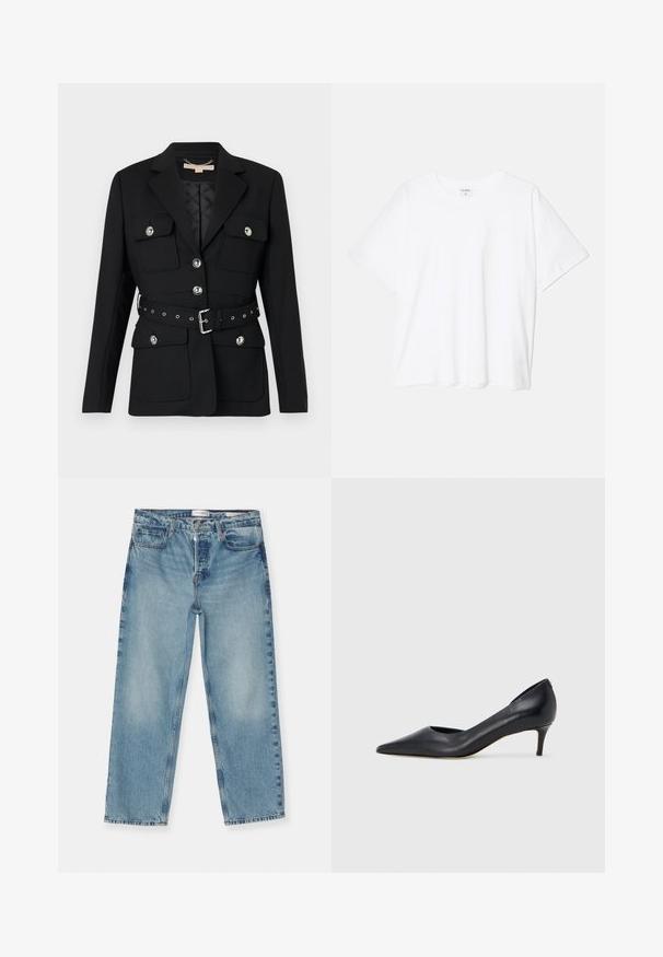Blazer negro con dos bolsillos frontales, acentos de botones plateados y un cinturón ceñido a la cintura con detalles de hebilla y ojales. Corte entallado.; Camiseta de algodón blanca con mangas cortas, escote redondo, corte relajado y dobladillo cosido. Etiqueta visible en el interior del cuello.; Jeans de pierna recta en azul claro con un acabado desvaído, que cuentan con cinco bolsillos, trabillas para cinturón y cierre de cremallera. Material de denim de algodón.; Zapato de tacón bajo de cuero negro con punta puntiaguda. Presenta una textura lisa y un brillo sutil. Corte abierto en la parte frontal para un detalle adicional.