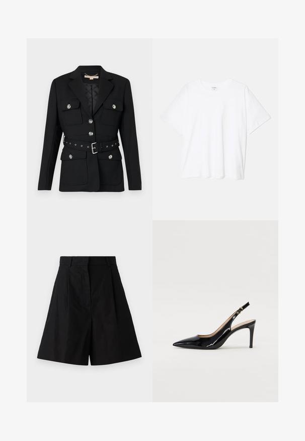 Sort blazer med to frontlommer, sølvknapdetaljer og en indsnævret taljebælte med spænde og øsken. Skræddersyet pasform.; Hvid bomulds-t-shirt med korte ærmer, rund halsudskæring, afslappet pasform og stitched søm. Mærket er synligt indeni halsen.; Sorte højtaljede shorts med plisseret design, der har sidelommer og en glat stofstruktur. Rene linjer og en skræddersyet pasform.; Sort patenteret læder slingback stiletto med spids tå, slank hæl og et subtilt udskæringsdesign. Har en gylden spænde på remmen.