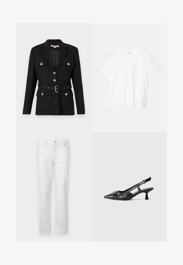 Black blazer with two front pockets, silver button accents, and a cinched waist belt featuring buckle and grommet details. Tailored fit.; White cotton t-shirt with short sleeves, round neckline, relaxed fit, and stitched hem. Label visible on the inside neck.; White denim jeans with straight leg cut, five-pocket design, light stitching, and silver button closure. Smooth texture and minimal detailing.; Black leather slingback shoe with a pointed toe, decorative straps featuring metal eyelets, and a low block heel. Textured surface.