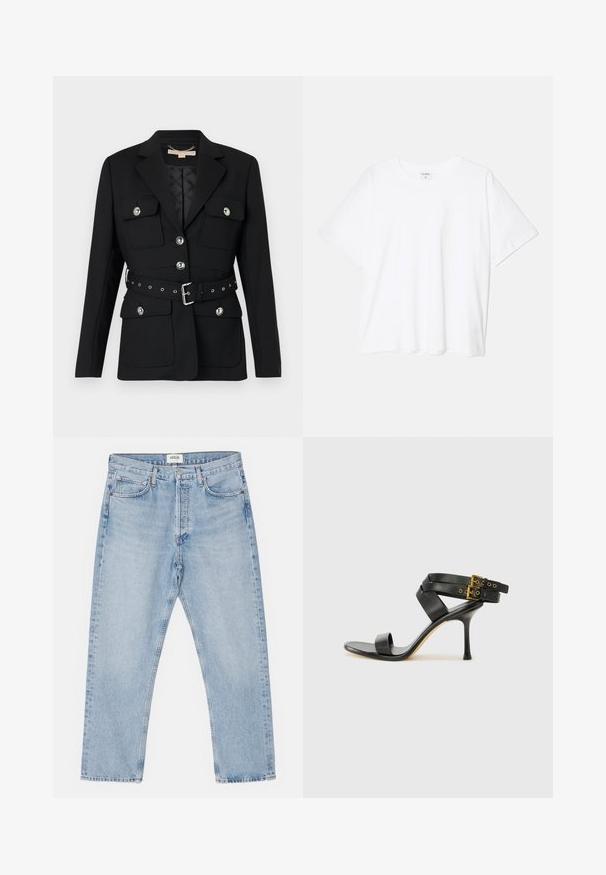 Musta bleiser kahete esikoti, hõbedaste nööpide detailidega ning elastse vööga, millel on pandla ja augud. Kohandatud lõige.; Valge puuvillane T-särk lühikeste varrukatega, ümmargune kaelus, mugav lõige ja õmmeldud serv. Silt nähtav kaela seest.; Heledad sinine teksapüksid klassikalise sirge lõikega, viie tasku ja nupuga esiosa, millel on kerge kulumus ja vastupidav tekstuur.; Mustad mustand koos ristatud rihmade ja reguleeritava pandlaga. Omab siledat tekstuuri ja kitsenevat stiletto kontsa.