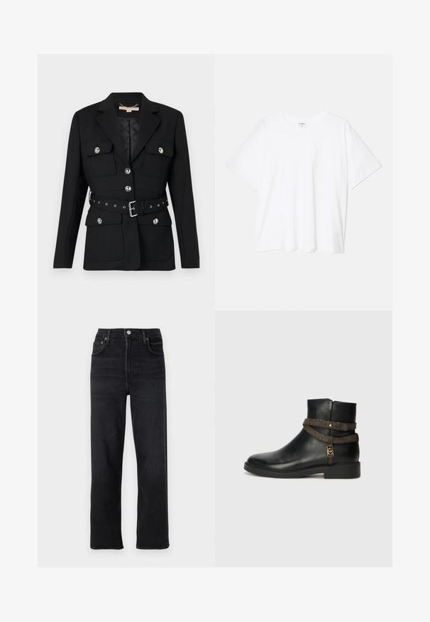 Svart blazer med to frontlommer, sølvknappdetaljer og en belte med innsvingt midje som har spenne og hulldetaljer. Skreddersydd passform.; Hvit bomulls t-skjorte med korte ermer, rund hals, avslappet passform og sydd kant. Merke synlig på innsiden av halsen.; Svart rette ben jeans laget av denim. Har fem lommer, en knapp- og glidelås-lukking, samt diskrete sømdetaljer.; Sorte lær ankelstøvletter med flad sål, prydet med et brunt mønstret bånd og detaljer i guld-tone. Glat tekstur.