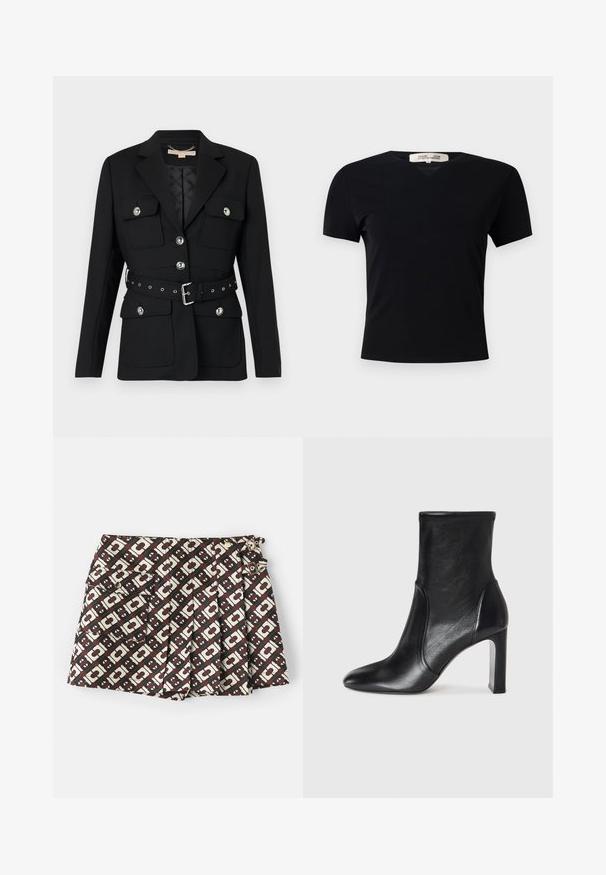 Černý blejzr se dvěma předními kapsami, stříbrnými knoflíkovými akcenty a stahovacím páskem v pase s detaily s přezkou a očky. Přizpůsobený střih.; Černé tričko s krátkým rukávem a výstřihem do V, vyrobené z hladkého, elastického materiálu. Obsahuje jednoduchý, klasický střih bez ozdob.; Značkové šortky s hnědo-krémovým geometrickým vzorem, dvěma bočními kapsami a zlatými akcenty. Materiál má hladkou texturu.; Černá kožená kotníková bota s elegantním designem, špičatou špičkou a vysokým blokovým podpatkem. Vyznačuje se hladkým povrchem a minimalistickými detaily šití.