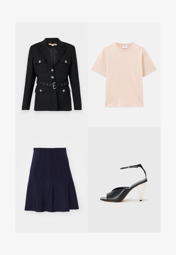 Fekete blézer két elülső zsebbel, ezüst gomb díszítéssel, és övből készült, összeszorított derékkal, amely csattal és lyukakkal rendelkezik. Testhezálló fazon.; Rövid ujjú, világos bézs színű póló, puha pamutból készült. Kerek nyakú, laza szabású, egyenes aljjal, minták vagy grafika nélkül.; Norma Kamali GRACE MINI SKIRT - Miniszoknya - true navy; Fekete bőr magassarkú szandál nyitott orral, aszimmetrikus dizájnnal, bokapánttal és fémes kúpos sarokkal. Az anyag sima textúrájú.