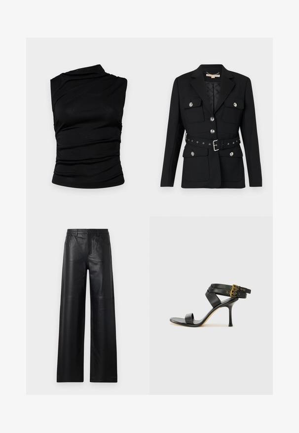 Melna žakete ar divām priekšējām kabatām, sudraba pogu akcentiem un pieguļošu jostu ar sprādzi un caurumiem. Izcili piegriezta.; Melnā bezpiedurkņu toplē ar asimetrisku dekoltē, kam raksturīgs savākts audums, lai piešķirtu tekstūru un pieguļoša silueta. Gluds, elastīgs materiāls.; Platas kāju melnas ādas bikses ar gludu tekstūru, kurām ir priekšējās kabatas, pogu aizdare un smalki izšuvumi.; Melna augsta papēža sāndele ar krustotiem siksniņām un regulējamu sprādzi. Iespēlēts gluds tekstūra un pakāpenisks stiletto papēdis.