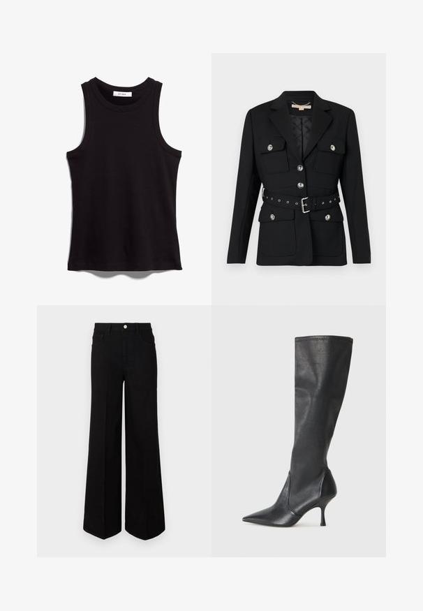 Sort blazer med to frontlommer, sølvknapdetaljer og en indsnævret taljebælte med spænde og øsken. Skræddersyet pasform.; Sort tanktop lavet af ribbet stof. Har en rundt halsudskæring og brede ærmegab. Lige søm med syede detaljer. Enkel design.; Sorte vide ben-jeans lavet af robust stof, med høj talje, forlommer og en frontal knaplukning. Flad kant i bunden.; Knæhøje sorte læderstøvler med spidse tæer og slanke stiletto-hele. Glat tekstur med en tætsiddende design og syninger ved toppen.