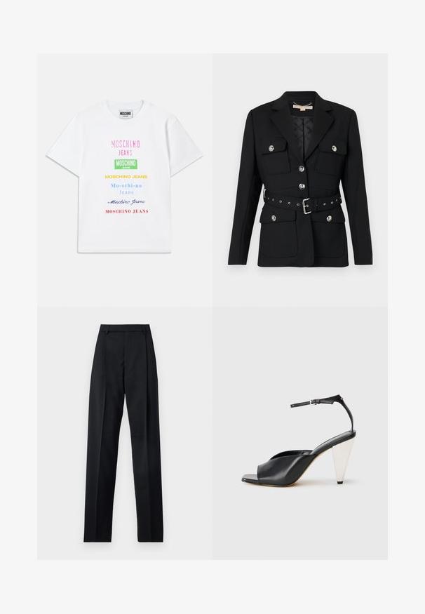 Juodas švarkas su dviem priekinėmis kišenėmis, sidabriniais mygtukų akcentais ir įliemenuota juosta su sagtimi ir šulinėlių detalėmis. Suformuotas dydis.; Balta medvilninė marškinėliai su keliais tekstiniais logotipais rožinės, žalios, geltonos, mėlynos ir raudonos spalvų, išdėstyti vertikaliai priekyje.; Juodos kelnės iš lygaus audinio, pasižyminčios aukštu liemeniu, plačiomis kojomis, priekinėmis klostėmis ir klasikiais diržo kilpomis. Šoninių kišenių nematyti.; Juodos odinės aukštakulnės šlepetės su atvira nosimi, asimetrišku dizainu, kulkšnies dirželiu ir metaliniu kūgio formos kulnu. Visas paviršius lygus.