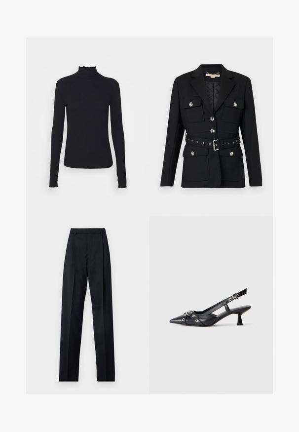 Čierny blazer s dvoma prednými vreckami, striebornými gombíkovými akcentmi a opaskom so zúženým pásom, ktorý obsahuje detaily pracky a očiek. Strih prispôsobený postave.; Čierny dlhý rukáv turtleneck top vyrobený z hladkej látky, s volánovým golierom a priliehavou siluetou s jednoduchými okrajmi.; Čierne nohavice vyrobené z hladkej látky s vysokým pásom, širokými nohavicami, prednými záhybmi a klasickými pútkami na opasok. Žiadne bočné vrecká nie sú viditeľné.; Čierne kožené slingback topánky s špicatou špičkou, ozdobnými popruhmi s kovovými očkami a nízkym blokovým podpätkom. Textúrovaný povrch.