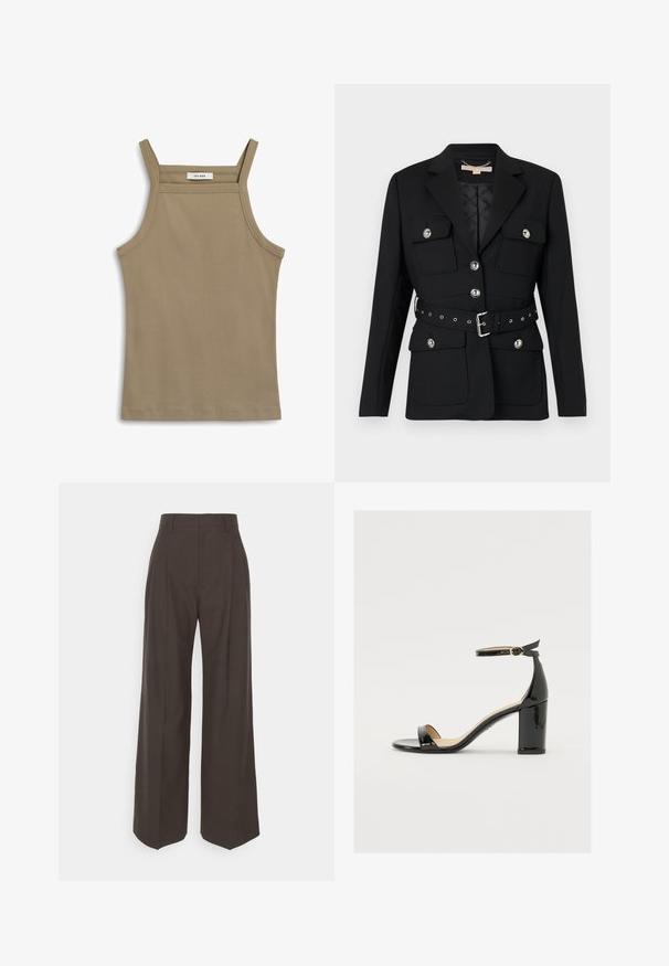 Černý blejzr se dvěma předními kapsami, stříbrnými knoflíkovými akcenty a stahovacím páskem v pase s detaily s přezkou a očky. Přizpůsobený střih.; Khaki tílko s tenkými ramínky, žebrovanou strukturou a přímým lemem. Na výstřihu je štítek s nápisem "IVY OAK".; Tmavě hnědé kalhoty s širokými nohavicemi a vysokým pasem, s elegantně vyžehlenými puky, hladkou texturou a přesným střihem.; Černé lakované sandály s širokým podpatkem, otevřenou špičkou a řemínkem kolem kotníku se zlatou sponou. Hladký povrch a elegantní design.