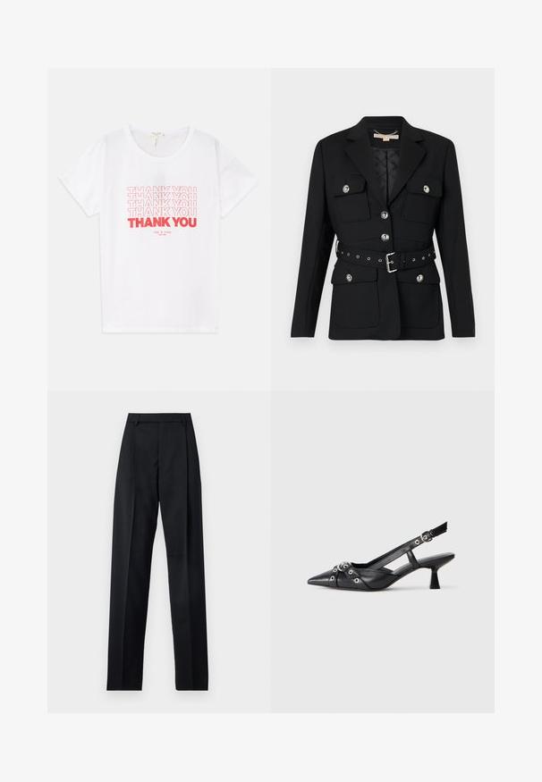 Black blazer with two front pockets, silver button accents, and a cinched waist belt featuring buckle and grommet details. Tailored fit.; White cotton t-shirt featuring multiple "THANK YOU" graphics in red, with a round neckline and short sleeves. Text in varying font sizes.; Black trousers made from smooth fabric featuring a high waist, wide legs, front pleats, and classic belt loops. No side pockets visible.; Black leather slingback shoe with a pointed toe, decorative straps featuring metal eyelets, and a low block heel. Textured surface.
