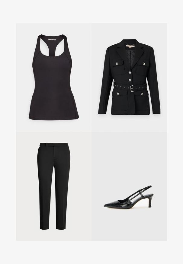 Fekete blézer két elülső zsebbel, ezüst gomb díszítéssel, és övből készült, összeszorított derékkal, amely csattal és lyukakkal rendelkezik. Testhezálló fazon.; Fekete sportos ujjatlan felső, sima anyagból készült, racerback kialakítással és kontrasztos varrási részletekkel a tartósság érdekében.; Fekete, szűkített nadrág rugalmas anyagból, lapos derékpánttal, oldalsó zsebekkel és sima, matt felülettel. Nincsenek látható rögzítések.; Fekete lakk slingback sarok, hegyes orral, texturált kígyómintával, állítható pánttal és rövid, texturált tömbsarkal.