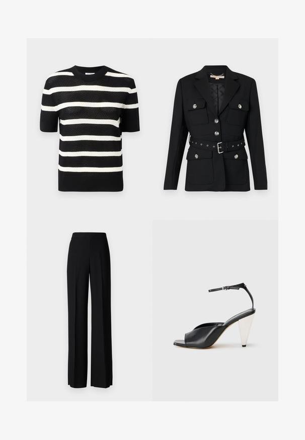 Black blazer with two front pockets, silver button accents, and a cinched waist belt featuring buckle and grommet details. Tailored fit.; Black and white striped short-sleeve knit top with a round neckline, featuring a textured pattern and a straight hem.; Black wide-leg trousers with a smooth texture, featuring a high waistband and center pleats. No visible patterns or hardware details.; Black leather high heel sandal with open toe, asymmetrical design, ankle strap, and a metallic cone-shaped heel. Smooth texture throughout.