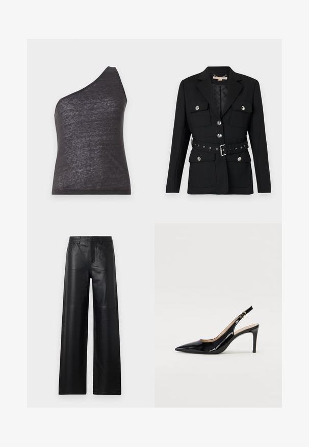 Black blazer with two front pockets, silver button accents, and a cinched waist belt featuring buckle and grommet details. Tailored fit.; Asymmetrical black tank top with a single shoulder strap, made of soft, slightly sheer fabric, featuring a fitted silhouette and smooth texture.; Wide-leg black leather pants with a smooth texture, featuring front pockets, a button closure, and subtle stitching details.; Black patent leather slingback pump with pointed toe, slim heel, and a subtle cutout design. Features a gold buckle on the strap.