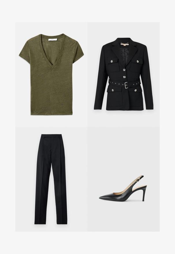 Fekete blézer két elülső zsebbel, ezüst gomb díszítéssel, és övből készült, összeszorított derékkal, amely csattal és lyukakkal rendelkezik. Testhezálló fazon.; Olíva zöld V-nyakú póló rövid ujjakkal, puha anyagból készült, laza szabású és finom mélang textúrával rendelkezik.; Fekete nadrág sima anyagból, magas derékkal, széles lábakkal, elülső redőkkel és klasszikus övhurkokkal. Oldalzsebek nem láthatók.; Fekete bőrből készült, hegyes orrú, állítható pánttal rendelkező magassarkú szandál, elegáns tűsarokkal, sima felülettel.