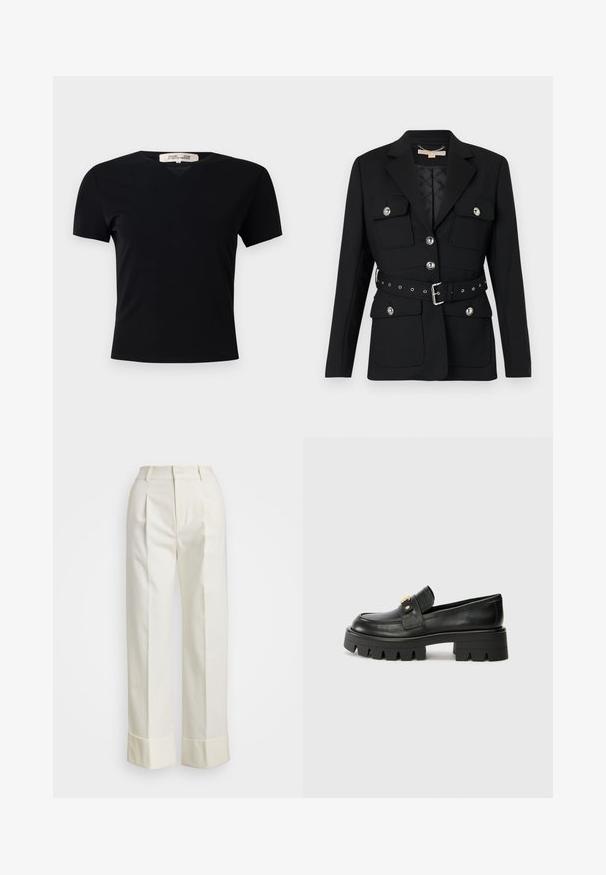 Musta bleiser kahete esikoti, hõbedaste nööpide detailidega ning elastse vööga, millel on pandla ja augud. Kohandatud lõige.; Must t-särk lühikeste varrukatega ja V-kaelusega, valmistatud siledast ja venivast kangast. Omab lihtsat ja klassikalist siluetti, millel puuduvad kaunistused.; Valged kohandatud püksid, millel on kõrge talje, topeltesine voldid ja laiad sääred volditud äärtega. Valmistatud siledast, tekstureeritud kangast.; Mustast nahkfrontaalid, millel on paks tald, esiosas kullatooni aksent ja sile viimistlus. Talse paksu mustriga disain.