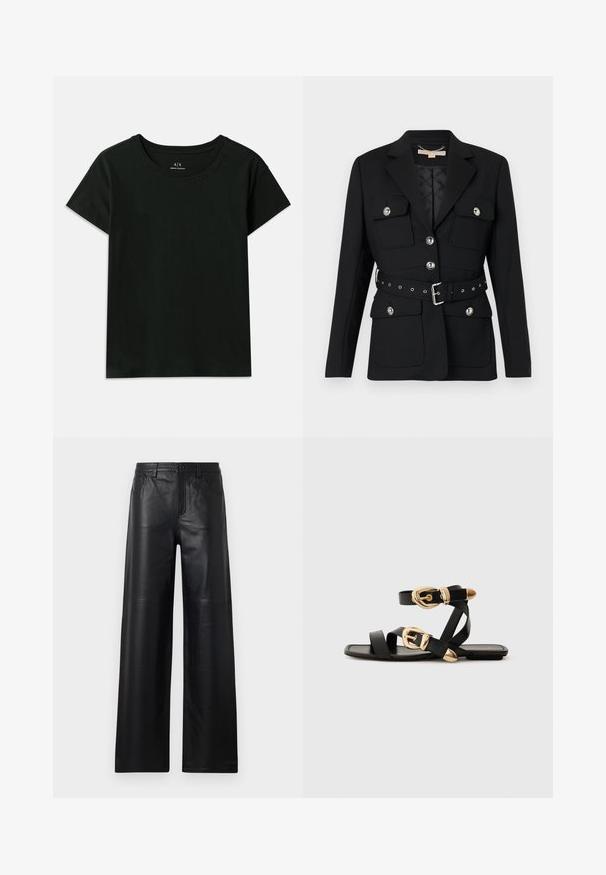 Čierny blazer s dvoma prednými vreckami, striebornými gombíkovými akcentmi a opaskom so zúženým pásom, ktorý obsahuje detaily pracky a očiek. Strih prispôsobený postave.; Čierne tričko s krátkym rukávom vyrobené z bavlny. Má klasický okrúhly výstrih a vytlačený nápis "Armani Exchange" pozdĺž ramena. Jednoduchý dizajn.; Čierne kožené nohavice s širokými nohavicami a hladkou textúrou, s prednými vreckami, zapínaním na gombík a jemnými švovými detailmi.; Čierne kožené sandále so zlatými prackami, s viacerými pásikmi a plochou podrážkou pre otvorené nosenie.