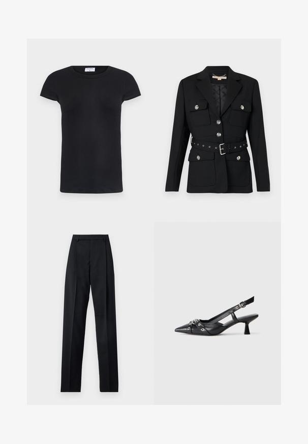 Sort blazer med to frontlommer, sølvknapdetaljer og en indsnævret taljebælte med spænde og øsken. Skræddersyet pasform.; Sort ribbet T-shirt med rund halsudskæring og korte ærmer. Blødt materiale med en tætsiddende pasform, som har et mærke i nakken.; Sorte bukser lavet af glat stof, der har høj talje, brede ben, frontfolder og klassiske bælteløkker. Ingen synlige sidelommer.; Sort lædersandal med spids tå, dekorative stropper med metaløjer og en lav blokhæl. Struktureret overflade.