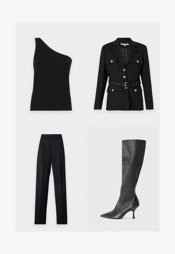 Black blazer with two front pockets, silver button accents, and a cinched waist belt featuring buckle and grommet details. Tailored fit.; One-shoulder black ribbed tank top with a fitted design and soft texture. Features a clean, minimal cut and smooth neckline.; Black trousers made from smooth fabric featuring a high waist, wide legs, front pleats, and classic belt loops. No side pockets visible.; Knee-high black leather boots with a pointed toe and a slim stiletto heel. Smooth texture with a fitted design and stitching at the top edge.
