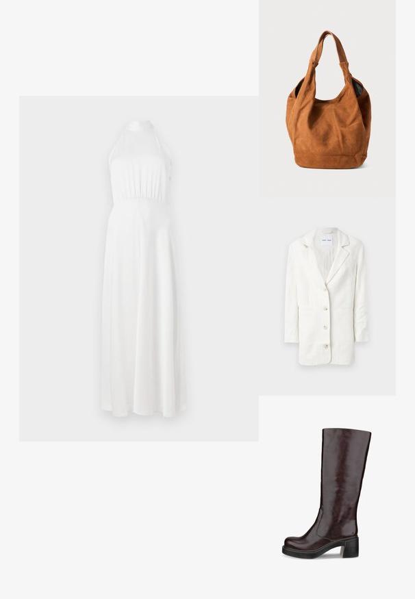 Bijela blejzerica izrađena od lagane tkanine, s jednostrukim kopčanjem, reverima u obliku slova V i tri prednja gumba s odgovarajućim rupicama za gumbe.; Bijela maxi haljina s halter izrezom, prilagođenim gornjim dijelom, naboranim strukom i lepršavom suknjom. Glatka tkanina s suptilnim sjajem.; Smeđe čizme do koljena s elegantnim dizajnom, debelim potplatom i glatkom kožnom završnom obradom, prikazane na bijeloj pozadini.; Smeđa nubuk torba preko ramena s mekom teksturom, zakrivljenim oblikom i dva ručka. Ima minimalistički dizajn bez vidljivih metalnih dijelova ili naglašavanja.