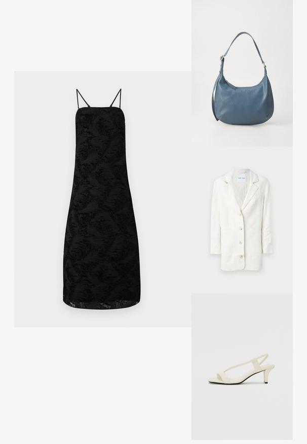 Fehér blézer könnyű anyagból, egysoros fazonnal, bemetszett gombnyílásokkal és három elülső gombbal, amelyekhez illeszkedő gomblyukak tartoznak.; Fekete ruha spagetti pántokkal, amely texturált virágmintás anyagból készült, térd hosszúságú szegéllyel és egyenes sziluettel.; Beige színű, blokksarkú szandálok vékony pántokkal és négyzet alakú orral. Simább anyag, minimális részletezéssel, amely könnyű viselésre lett tervezve.; Kerekded formájú, kék bőr kézitáska, egyetlen vállpánttal, cipzárral záródik, az elülső részen domborított márkanevével. Simák a textúrája.