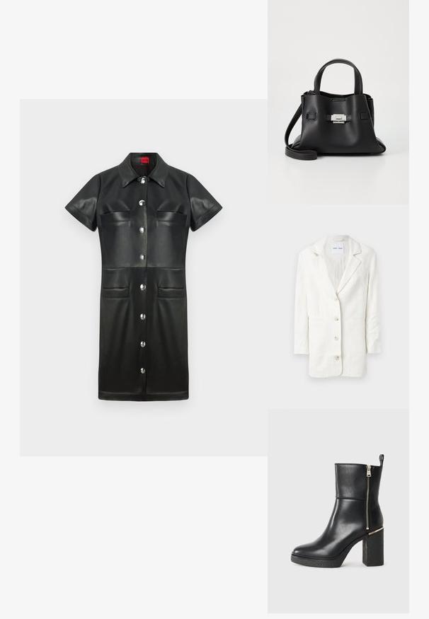 Witte blazer van een lichtgewicht stof, met een enkelvoudig ontwerp, geknopt revers en drie knopen aan de voorkant met bijpassende knoopsgaten.; Zwarte leren jurk met korte mouwen, kraag, knopen aan de voorkant en twee borstzakken. Kenmerken zijn zilverkleurige hardware en een gladde textuur.; Zwarte enkelboot van soepel leer, met een zijrits en een gestructureerde blokhak. Instapmodel met een ronde neus.; Zwarte leren handtas met een gestructureerde afwerking, voorzien van twee handvatten, een verwijderbare schouderband en een zilveren sluiting.
