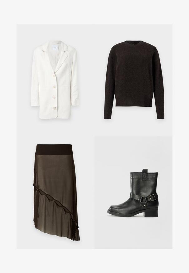 Blazer alb fabricat dintr-un material ușor, având un design cu un singur buton, rever încovoiat și trei butoane frontale cu butoniere asortate.; Samsøe Samsøe ANOUR - Pulover - black coffee; Fustă din plasă neagră, cu un talie ajustată, hem asymetric, nasturi decorativi pe față și textură transparentă în straturi.; Samsøe Samsøe SABRENTA - Botine cowboy/biker - black