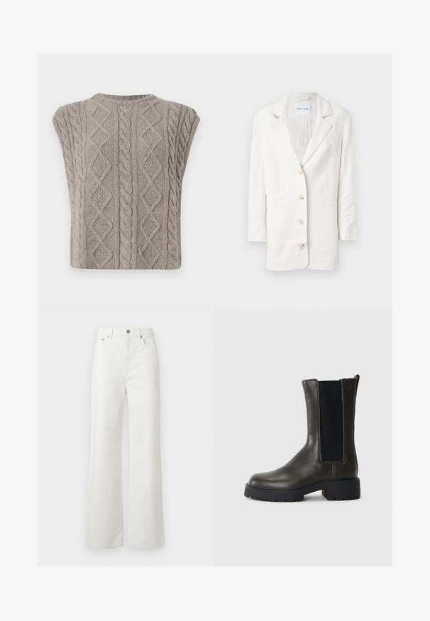 Weißer Blazer aus leichtem Stoff, mit einreihigem Design, mit Reverskragen und drei vorderen Knöpfen sowie passenden Knopflöchern.; Ärmelloser Strickpullover aus weichem Grau. Mit strukturierten Mustern aus Zöpfen und Rauten. Rundhalsausschnitt und cropped Silhouette.; Samsøe Samsøe SHELLY - Jeans Relaxed Fit - clear cream; Grüne Leder-Stiefelette mit elastischen seitlichen Einsätzen, runder Zehenpartie und Gummisohle. Hat eine strukturierte Oberfläche und einen Blockabsatz.