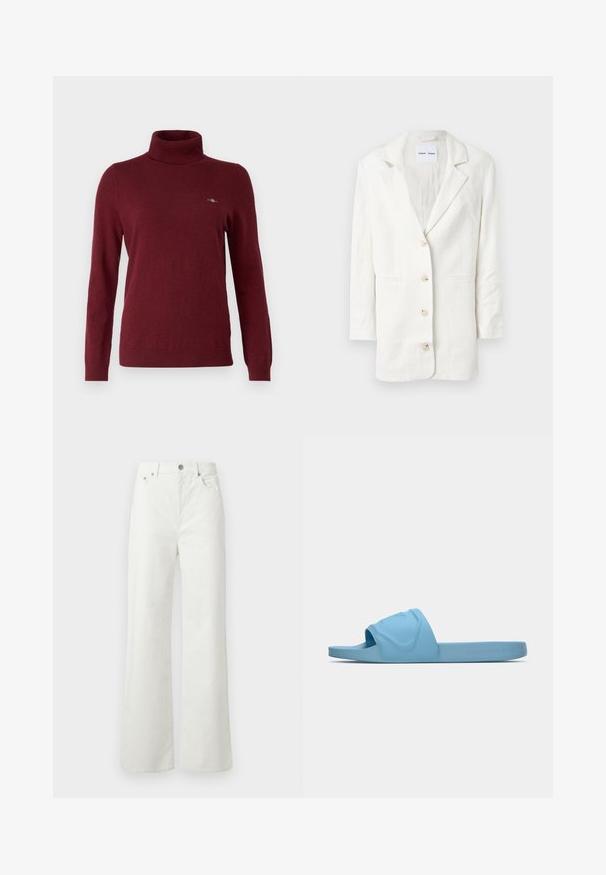 Blazer alb fabricat dintr-un material ușor, având un design cu un singur buton, rever încovoiat și trei butoane frontale cu butoniere asortate.; GANT ROLLNECK - Pulover - plumped red; Samsøe Samsøe SHELLY - Blugi loose fit - clear cream; Sandal cu toc plat de culoare albastru deschis, fabricat din cauciuc neted, având un logo embossat pe curea și o talpă texturată.