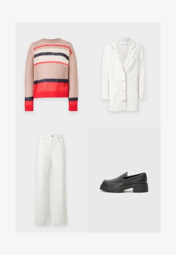 Bela blazer iz lahkega materiala, z enojnim zapenjanjem, razrezanimi klapnicami in tremi sprednjimi gumbi z ustreznimi luknjami za gumbe.; Pleteni pulover z ohlapnim krojem in črtami v rdeči, mornarsko modri, kremni in bež barvi. Teksturovana tkanina z rebrastim ovratnikom in robom.; Samsøe Samsøe SHELLY - Široke kavbojke - clear cream; Črne usnjene loafers čevlje z zaobljenim nosom, debelim teksturiranim podplatom in minimalnimi šivi. Elegantna zasnova brez vidnih vezalk ali kovinskih delov.