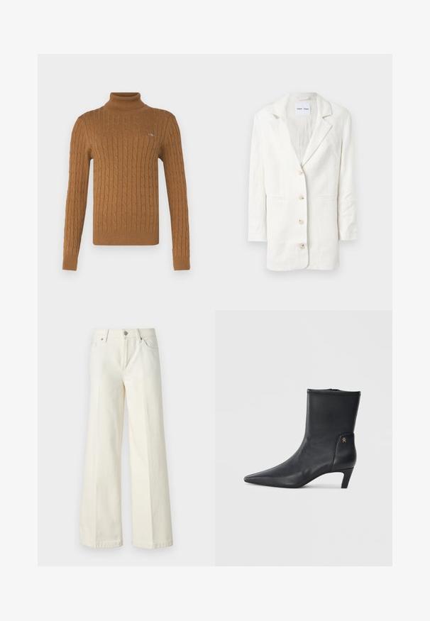 Bela blazer iz lahkega materiala, z enojnim zapenjanjem, razrezanimi klapnicami in tremi sprednjimi gumbi z ustreznimi luknjami za gumbe.; GANT TURTLENECK - Pulover - cacao; Široke bele kavbojke so narejene iz mešanice bombaža. Imajo zadrgo, pet žepov in šive vzdolž šivov.; Črne usnjene gležnjarje s špičastim nosom in nizko peto. Imajo gladko teksturo in majhen zlati logotip na strani.
