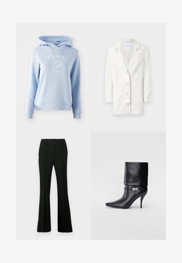 Blazer alb fabricat dintr-un material ușor, având un design cu un singur buton, rever încovoiat și trei butoane frontale cu butoniere asortate.; Hoodie de culoare albastru deschis, fabricat dintr-un material moale, având un buzunar tip cangur, manșete ribbate și un logo imprimat alb pe partea din față.; Pantaloni negri evazați dintr-un material neted, cu talie înaltă cu doi nasturi și falduri frontale, oferind un aspect croitorit.; Botine negre din piele, cu vârf ascuțit, toc înalt și subțire, cu manșetă pliată și un detaliu decorativ cu cataramă aurie la gleznă.