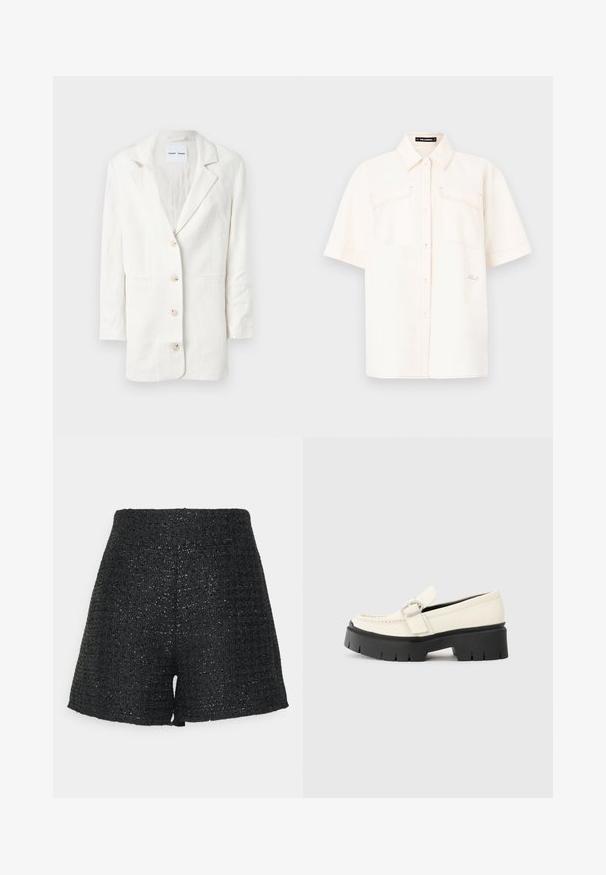 Vit kavaj tillverkad av ett lätt material, med en enknappad design, notchade slag och tre framknappar med matchande knaphål.; Kortärmad, krämfärgad skjorta i lätt tyg, med två framfickor, knappslå och kontrasterande sömmar.; Svarta vävda shorts med en texturerad yta och en subtil lyster. Har hög midja och en strukturerad A-linjeform.; Vit läder loafför med en kraftig svart platåsoffa, som har ett rektangulärt silverspänne och synlig sömdekoration på ovansidan.