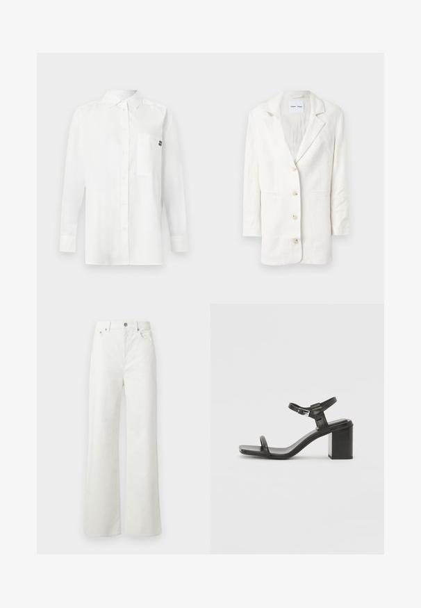 Weißer Blazer aus leichtem Stoff, mit einreihigem Design, mit Reverskragen und drei vorderen Knöpfen sowie passenden Knopflöchern.; Weißes Langarmhemd aus Baumwollmischgewebe mit einem Button-Down-Kragen, einer Brusttasche und einem kleinen schwarzen Logo auf der Brust.; Samsøe Samsøe SHELLY - Jeans Relaxed Fit - clear cream; Schwarze Leder-Sandale mit Blockabsatz und einem breiten Riemen über dem Zeh sowie einem verstellbaren Knöchelriemen, die ein schlankes, minimalistisches Design aufweist.